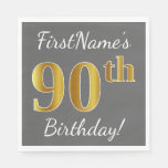 [ Thumbnail: Gray, Faux Gold 90th Birthday + Custom Name Napkins ]
