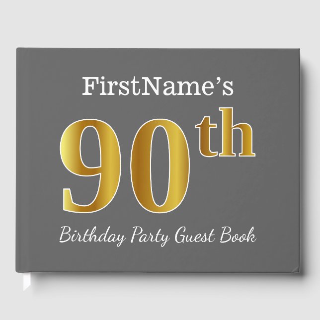 Gray, Faux Gold 90th Birthday Party + Custom Name Guest Book (Front)