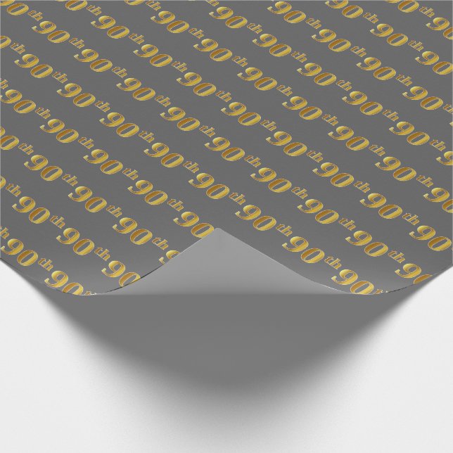 Gray, Faux Gold 90th (Ninetieth) Event Wrapping Paper (Corner)