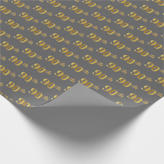 Gray, Faux Gold 90th (Ninetieth) Event Wrapping Paper (Corner)