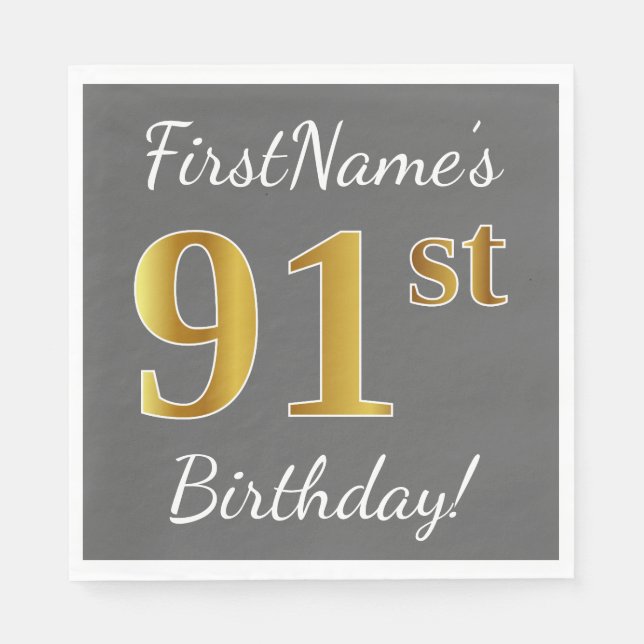 Gray, Faux Gold 91st Birthday + Custom Name Paper Napkins (Front)