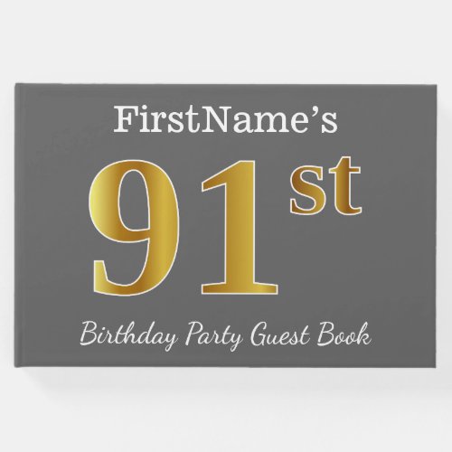 Gray Faux Gold 91st Birthday Party  Custom Name Guest Book
