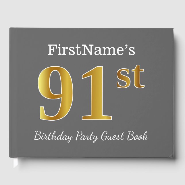 Gray, Faux Gold 91st Birthday Party + Custom Name Guest Book (Front)
