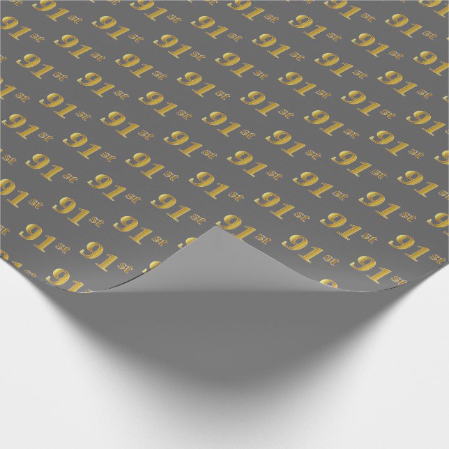 Gray, Faux Gold 91st (Ninety-First) Event Wrapping Paper (Corner)