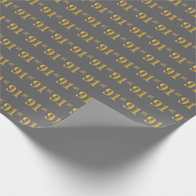 Gray, Faux Gold 91st (Ninety-First) Event Wrapping Paper (Corner)