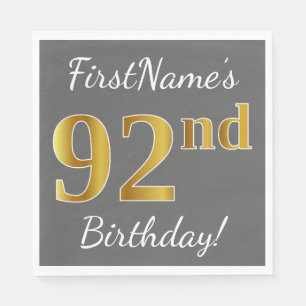 Gray, Faux Gold 92nd Birthday + Custom Name Napkins
