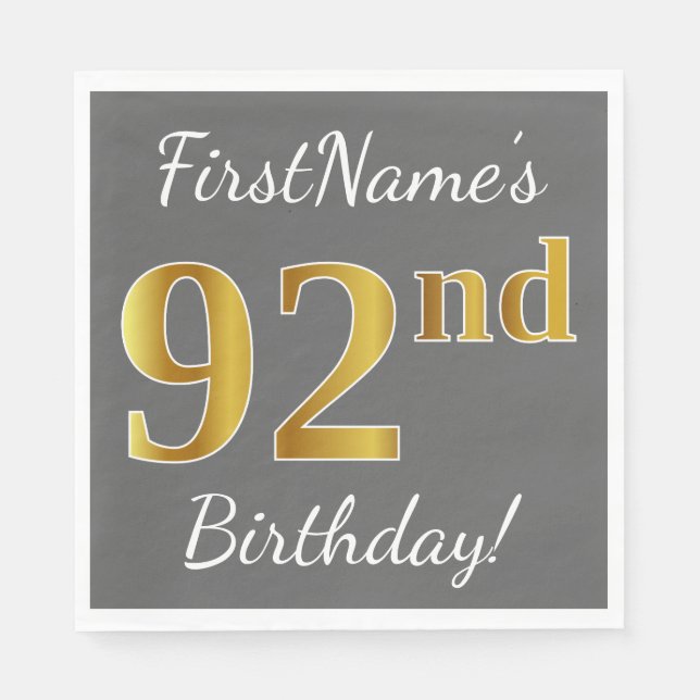 Gray, Faux Gold 92nd Birthday + Custom Name Napkins (Front)