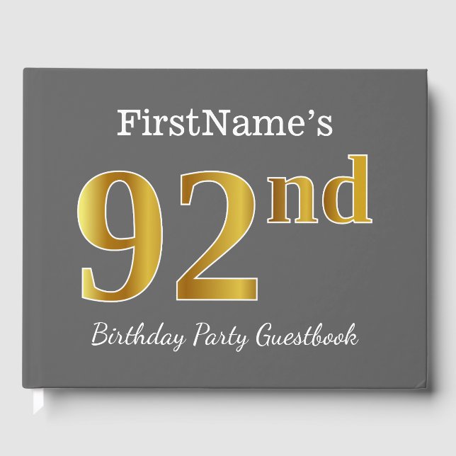 Gray, Faux Gold 92nd Birthday Party + Custom Name Guest Book (Front)