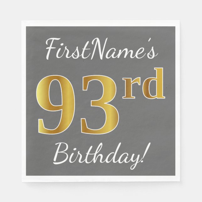Gray, Faux Gold 93rd Birthday + Custom Name Paper Napkins (Front)