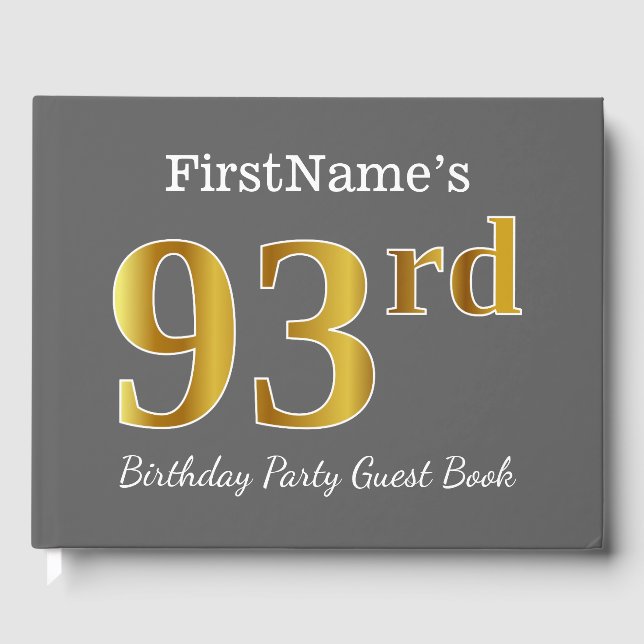Gray, Faux Gold 93rd Birthday Party + Custom Name Guest Book (Front)