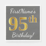 [ Thumbnail: Gray, Faux Gold 95th Birthday + Custom Name Napkins ]