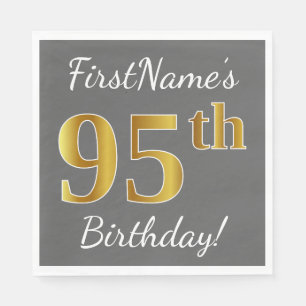 Gray, Faux Gold 95th Birthday + Custom Name Paper Napkins