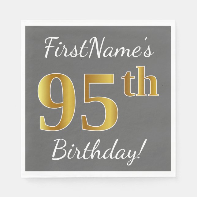 Gray, Faux Gold 95th Birthday + Custom Name Paper Napkins (Front)