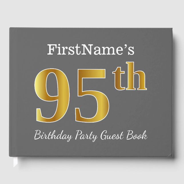 Gray, Faux Gold 95th Birthday Party + Custom Name Guest Book (Front)