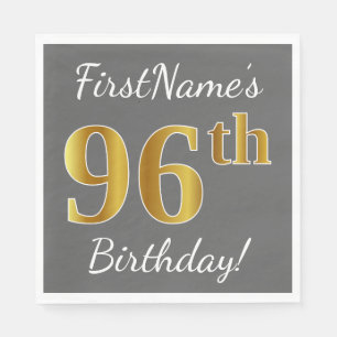 Gray, Faux Gold 96th Birthday + Custom Name Napkins
