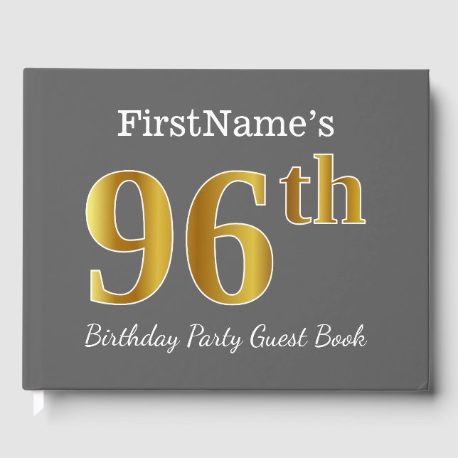 Gray, Faux Gold 96th Birthday Party + Custom Name Guest Book (Front)