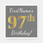 [ Thumbnail: Gray, Faux Gold 97th Birthday + Custom Name Napkins ]