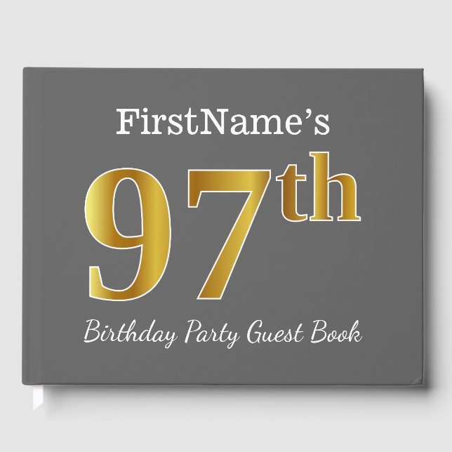 Gray, Faux Gold 97th Birthday Party + Custom Name Guest Book (Front)