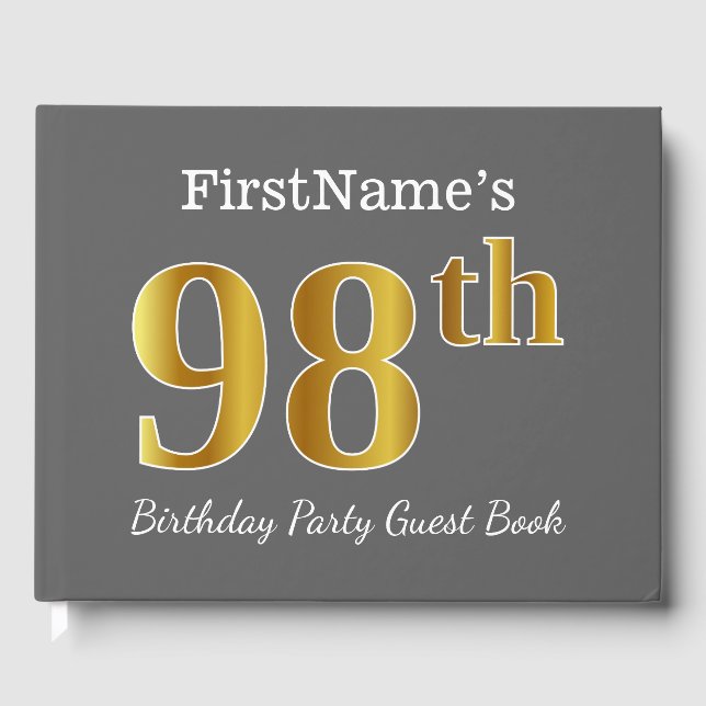 Gray, Faux Gold 98th Birthday Party + Custom Name Guest Book (Front)