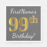 [ Thumbnail: Gray, Faux Gold 99th Birthday + Custom Name Napkins ]
