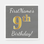 [ Thumbnail: Gray, Faux Gold 9th Birthday + Custom Name Napkin ]