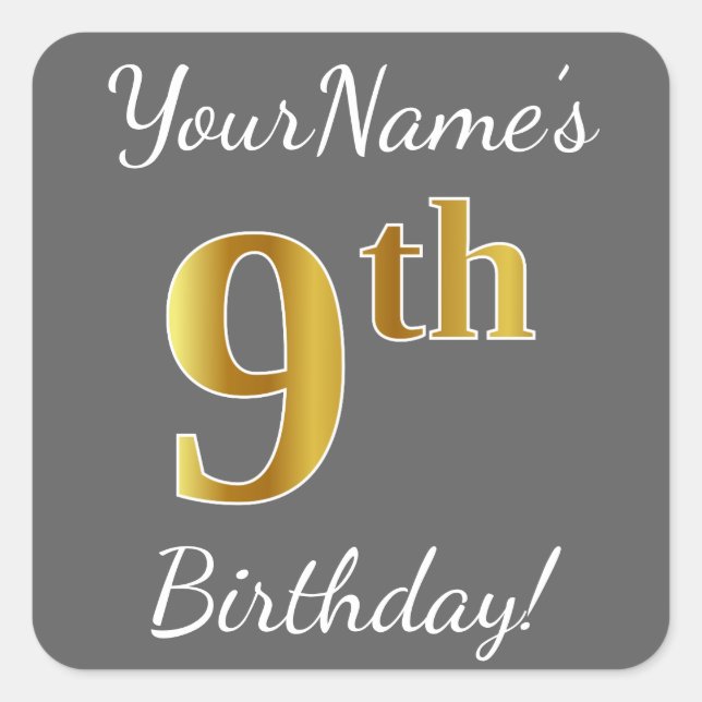 Gray, Faux Gold 9th Birthday + Custom Name Sticker (Front)