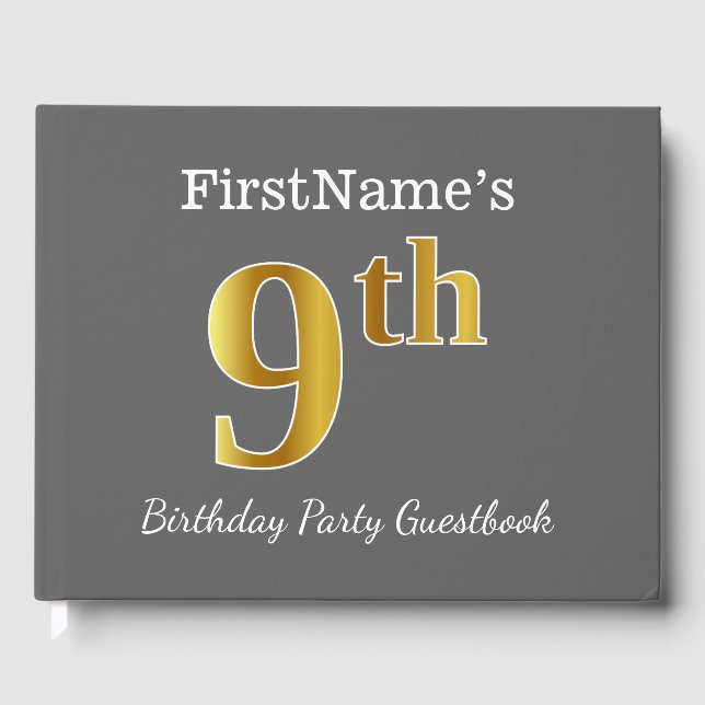 Gray, Faux Gold 9th Birthday Party + Custom Name Guest Book (Front)