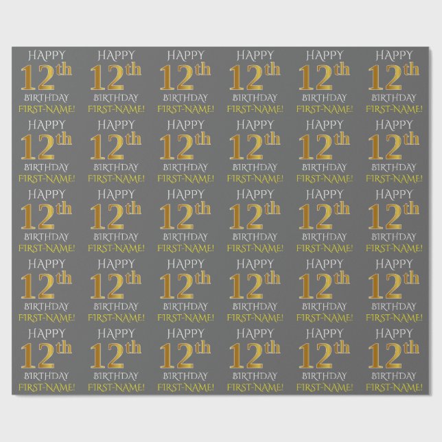 Gray, Faux Gold "HAPPY 12th BIRTHDAY" Wrapping Paper (Flat)