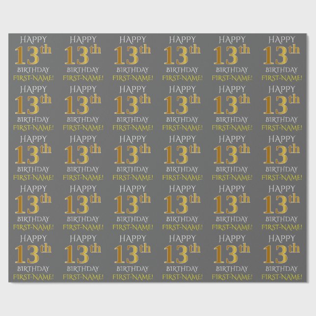 Gray, Faux Gold "HAPPY 13th BIRTHDAY" Wrapping Paper (Flat)