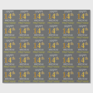 Gray, Faux Gold "HAPPY 14th BIRTHDAY" Wrapping Paper