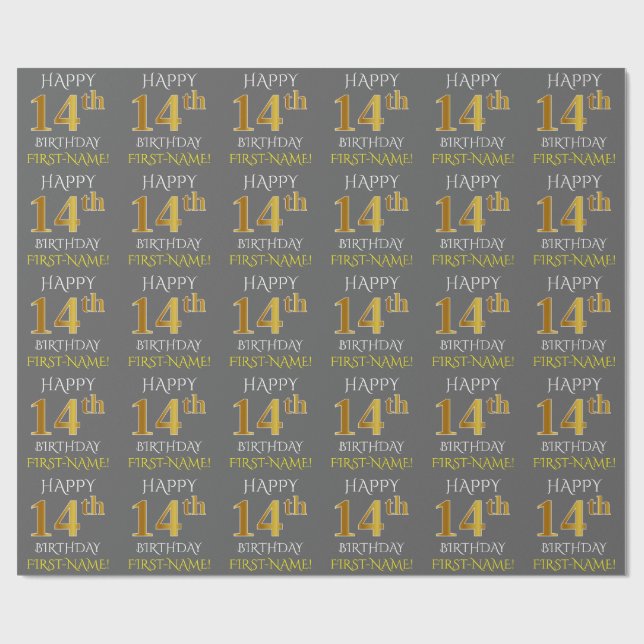 Gray, Faux Gold "HAPPY 14th BIRTHDAY" Wrapping Paper (Flat)