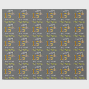 Gray, Faux Gold "HAPPY 15th BIRTHDAY" Wrapping Paper