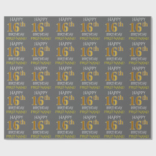 Gray, Faux Gold "HAPPY 16th BIRTHDAY" Wrapping Paper