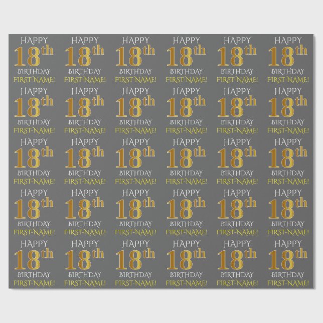Gray, Faux Gold "HAPPY 18th BIRTHDAY" Wrapping Paper (Flat)