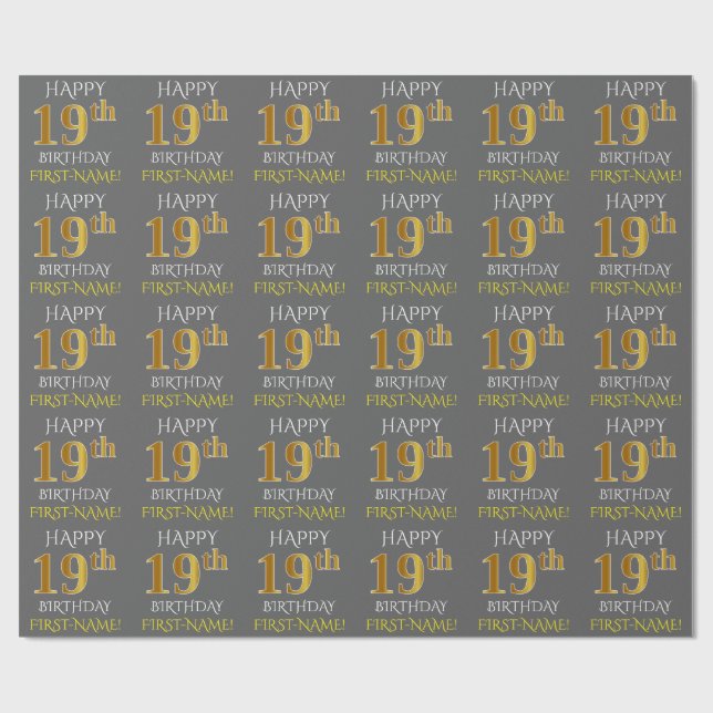 Gray, Faux Gold "HAPPY 19th BIRTHDAY" Wrapping Paper (Flat)