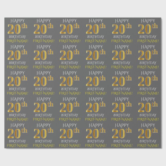 Gray, Faux Gold "HAPPY 20th BIRTHDAY" Wrapping Paper (Flat)