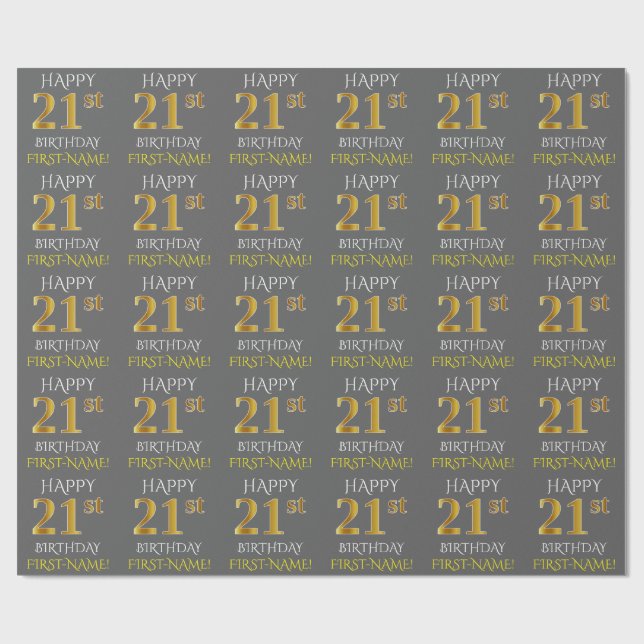 Gray, Faux Gold "HAPPY 21st BIRTHDAY" Wrapping Paper (Flat)