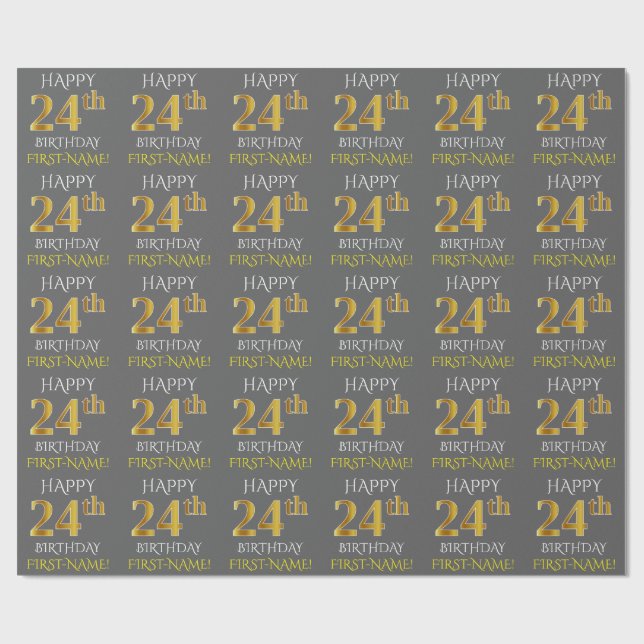 Gray, Faux Gold "HAPPY 24th BIRTHDAY" Wrapping Paper (Flat)