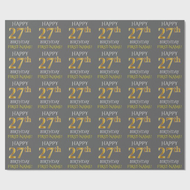 Gray, Faux Gold "HAPPY 27th BIRTHDAY" Wrapping Paper (Flat)