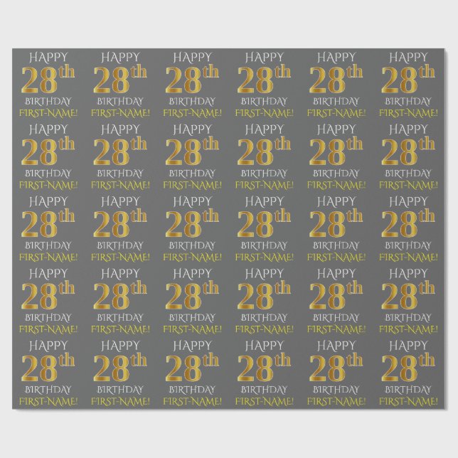 Gray, Faux Gold "HAPPY 28th BIRTHDAY" Wrapping Paper (Flat)