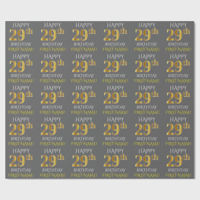 Gray, Faux Gold "HAPPY 29th BIRTHDAY" Wrapping Paper (Flat)
