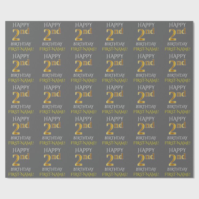 Gray, Faux Gold "HAPPY 2nd BIRTHDAY" Wrapping Paper (Flat)