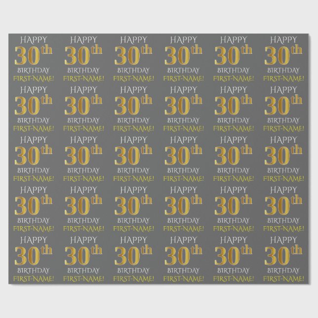 Gray, Faux Gold "HAPPY 30th BIRTHDAY" Wrapping Paper (Flat)