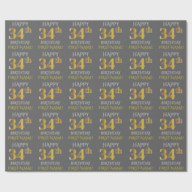 Gray, Faux Gold "HAPPY 34th BIRTHDAY" Wrapping Paper (Flat)