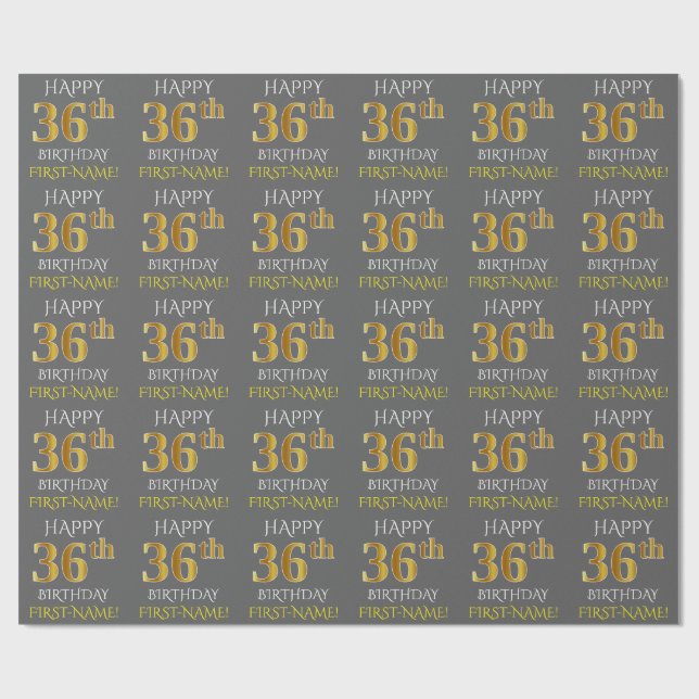 Gray, Faux Gold "HAPPY 36th BIRTHDAY" Wrapping Paper (Flat)