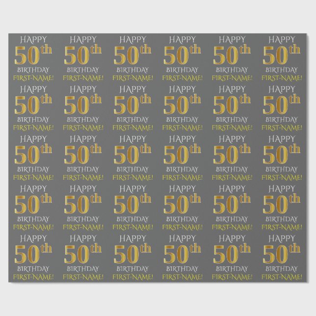 Gray, Faux Gold "HAPPY 50th BIRTHDAY" Wrapping Paper (Flat)