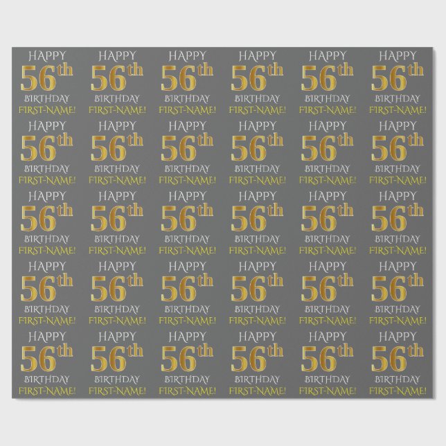 Gray, Faux Gold "HAPPY 56th BIRTHDAY" Wrapping Paper (Flat)