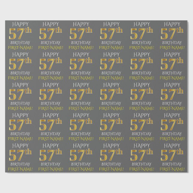 Gray, Faux Gold "HAPPY 57th BIRTHDAY" Wrapping Paper (Flat)