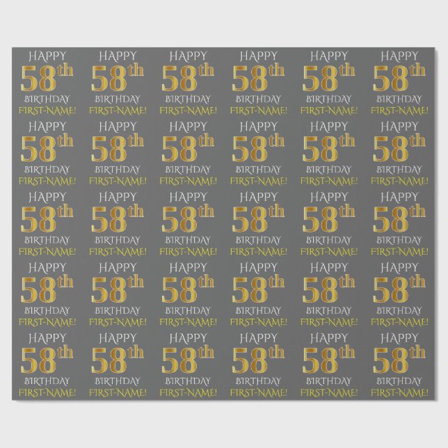 Gray, Faux Gold "HAPPY 58th BIRTHDAY" Wrapping Paper (Flat)