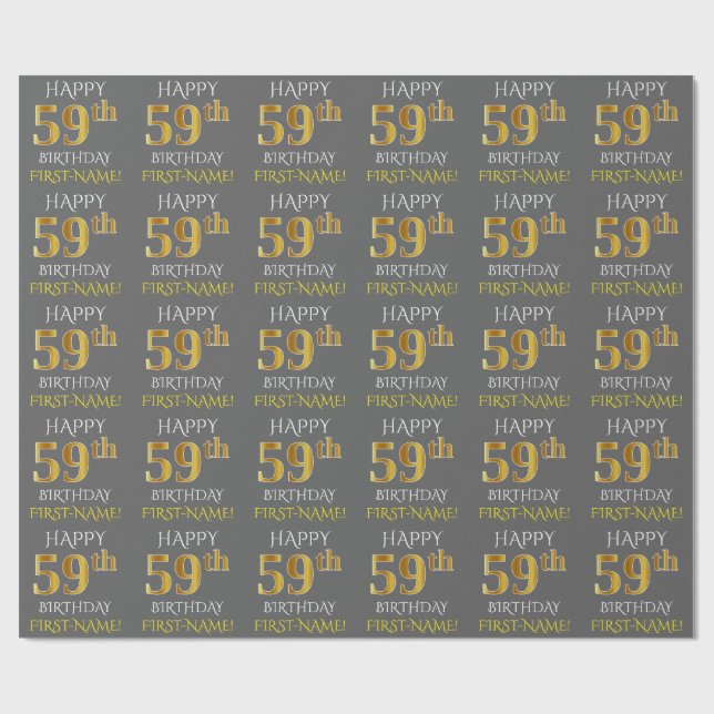 Gray, Faux Gold "HAPPY 59th BIRTHDAY" Wrapping Paper (Flat)